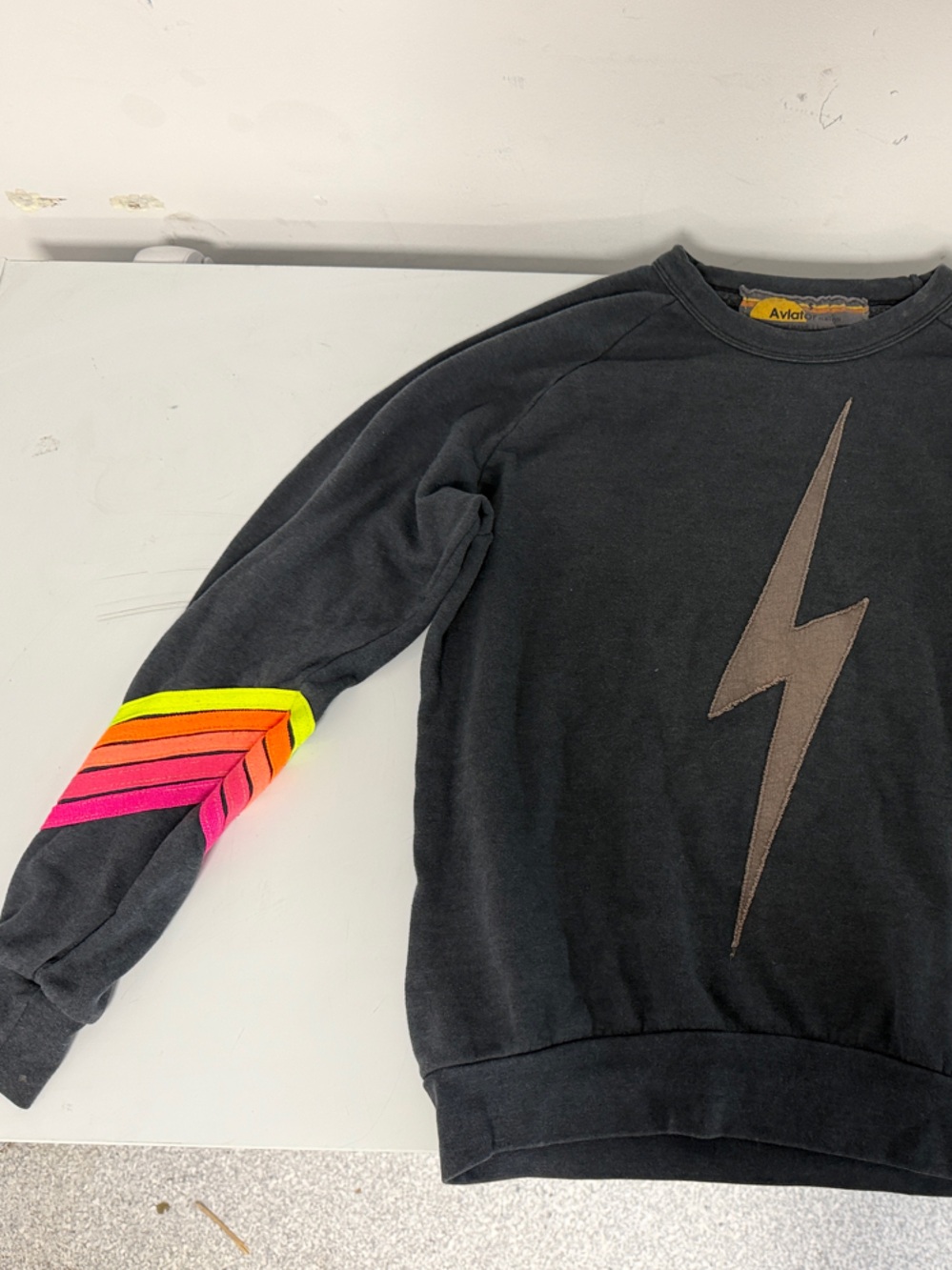 Aviator Nation Black Sweatshirt with Neon Stripe Sleeve & Bolt